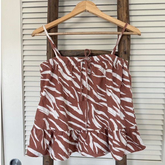 GILLI Zebra Print Cami Top Brown White Sleeveless Ruffle Hem Tie Front SIze S - Picture 1 of 4